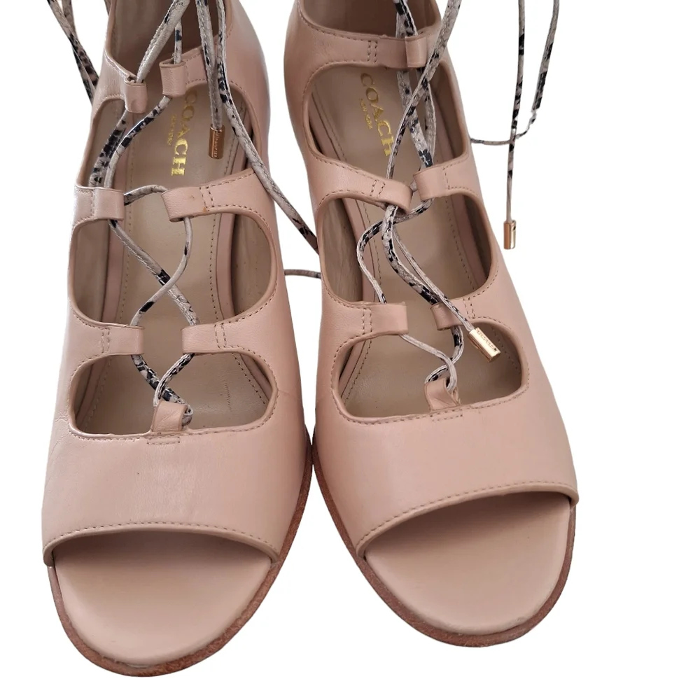 Coach Kira Nude Calfskin with Snake Laces Lace Up Gladiator Heels Shoes sz8 …